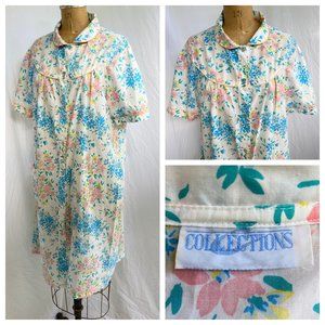 vtg COLLECTIONS Mod Floral Duster Day House Dress Robe Snaps Rockabilly L EUC